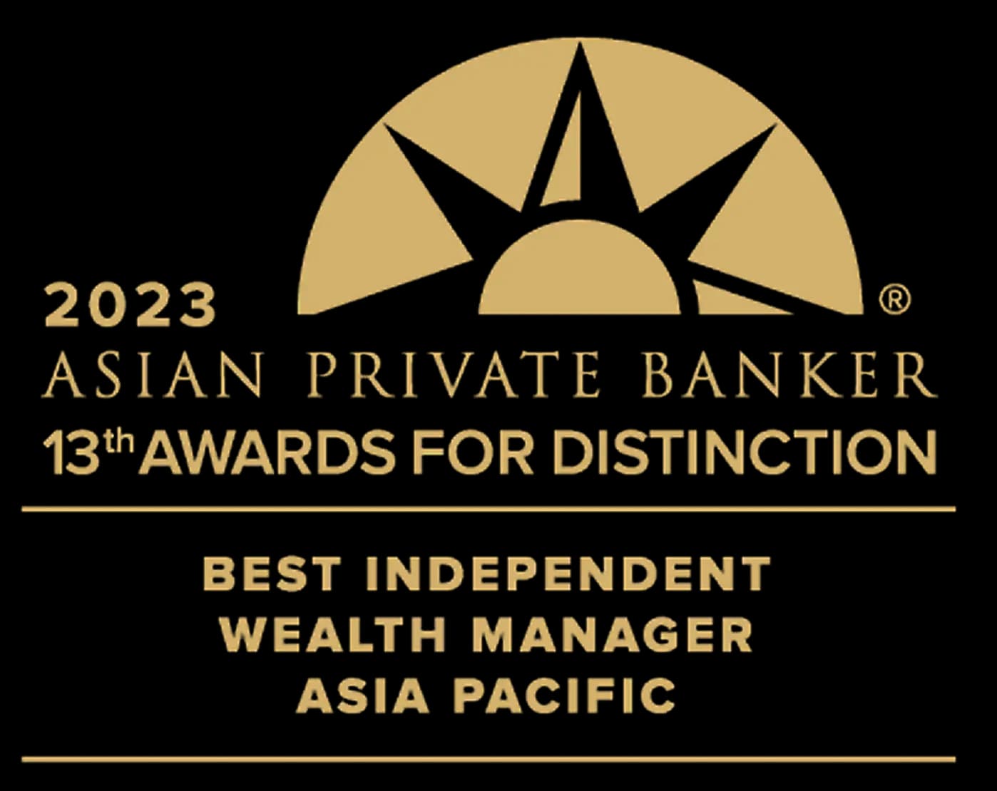 2023 Asian Private Banker 13th Awards for Distinction logo with text Best Independent Wealth Manager Asia Pacific.