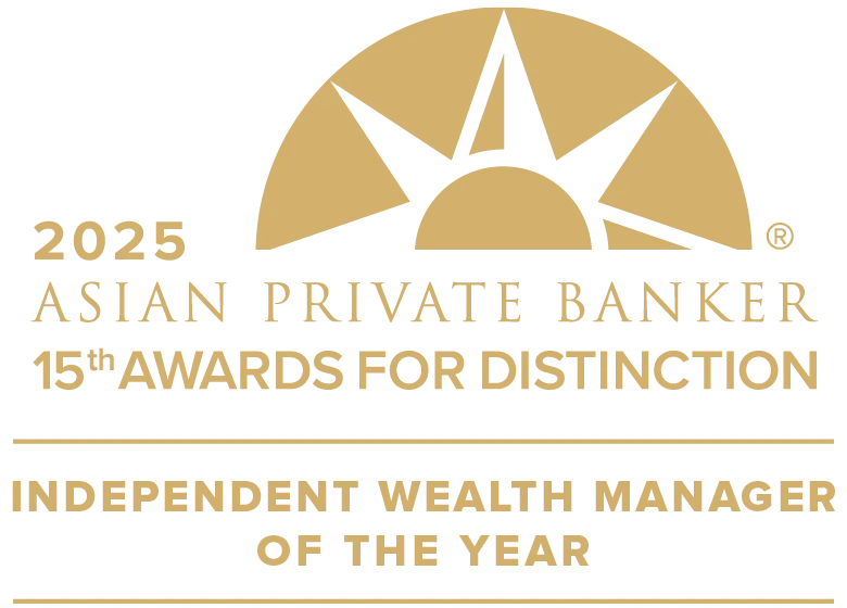 2025 Asian Private Banker 15th Awards for Distinction Independent Wealth Manager of the Year gold emblem.
