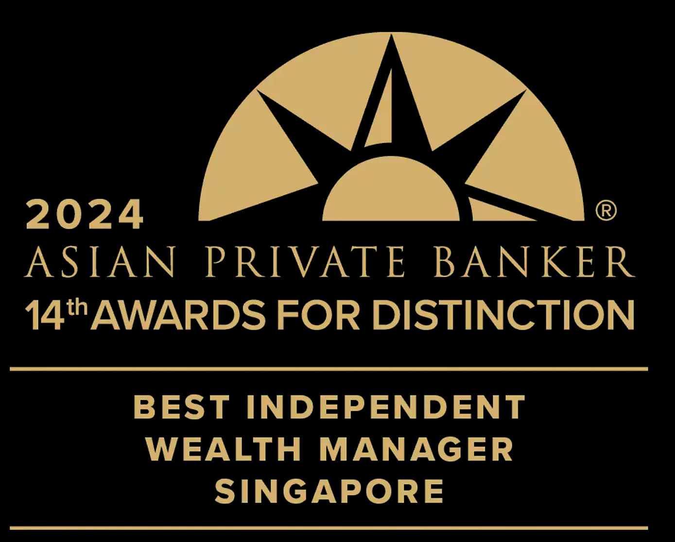 2024 Asian Private Banker 14th Awards for Distinction logo with Best Independent Wealth Manager Singapore recognition.