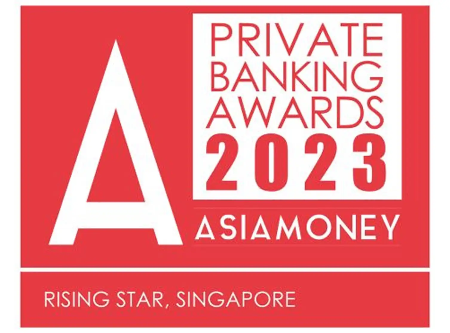 AsiaMoney Private Banking Awards 2023 logo with the text Rising Star, Singapore.