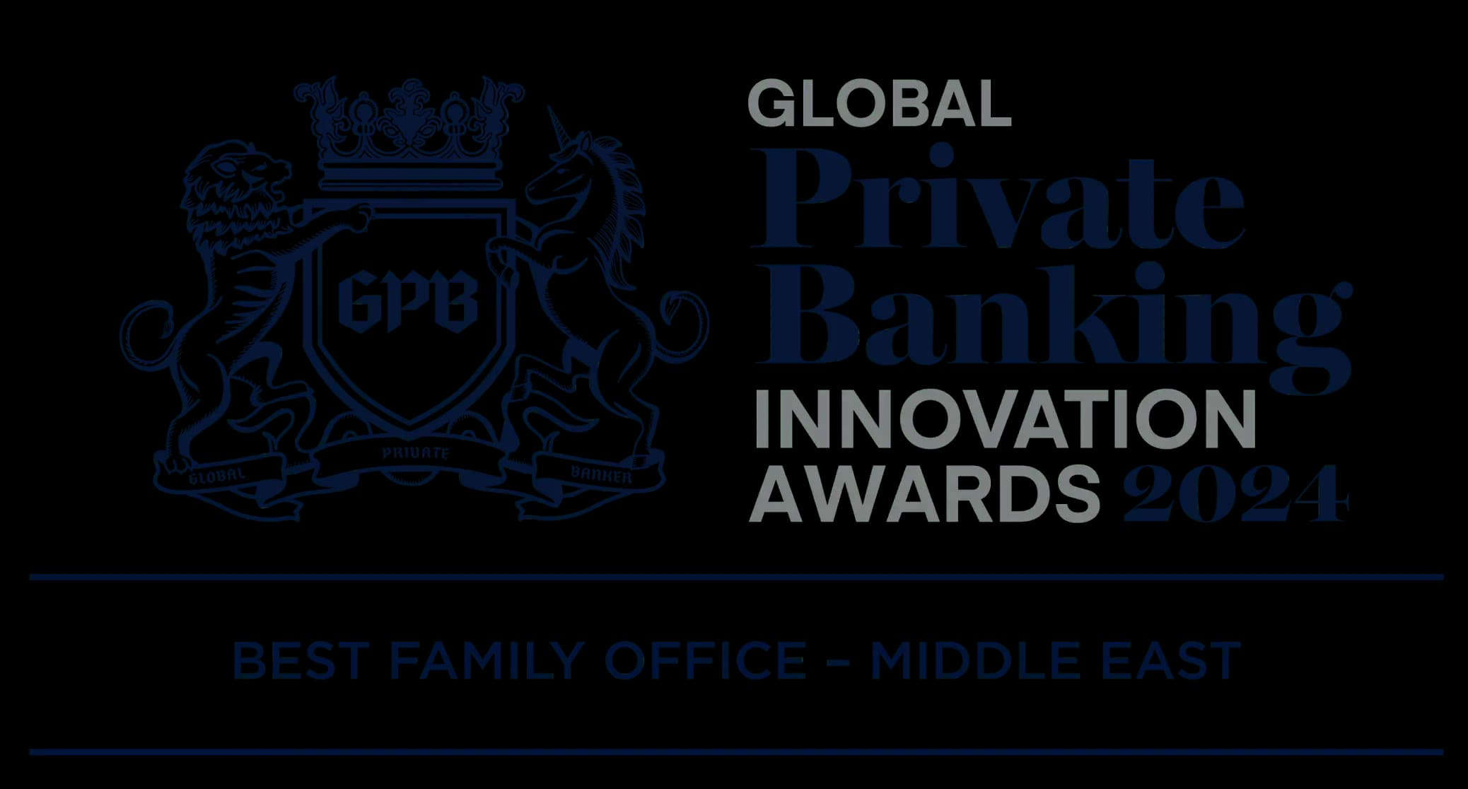 Global Private Banking Innovation Awards 2024 emblem with crest featuring a lion and unicorn, and text 'Best Family Office - Middle East'.