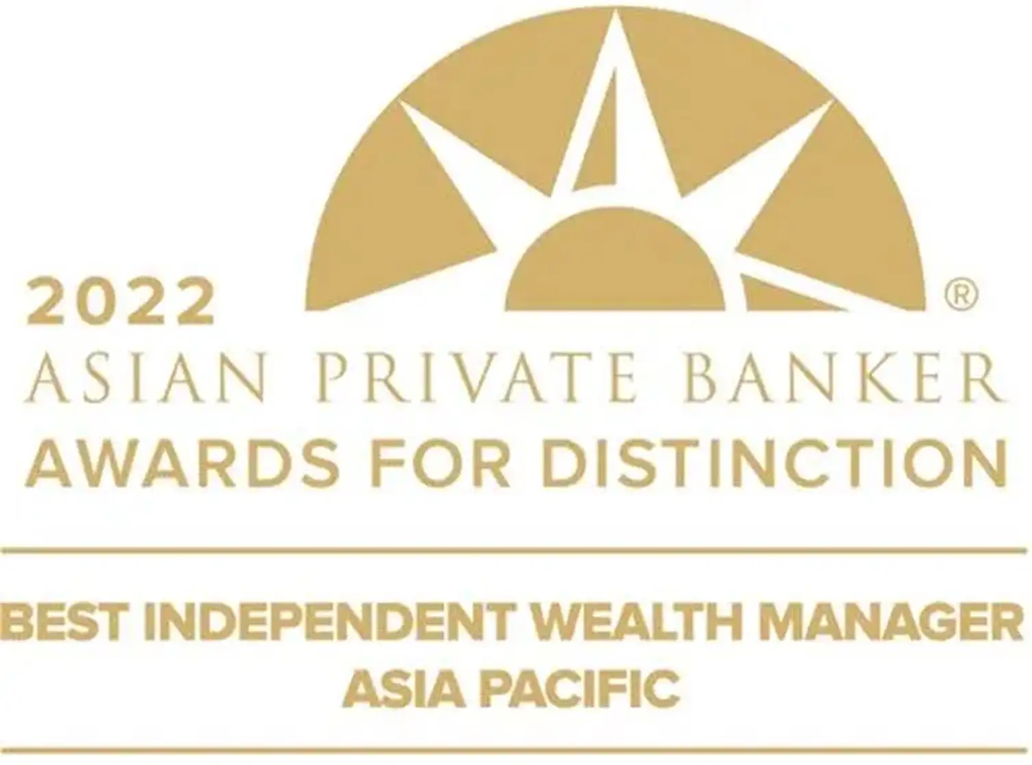 2022 Asian Private Banker Awards for Distinction logo with text 'Best Independent Wealth Manager Asia Pacific' in gold.