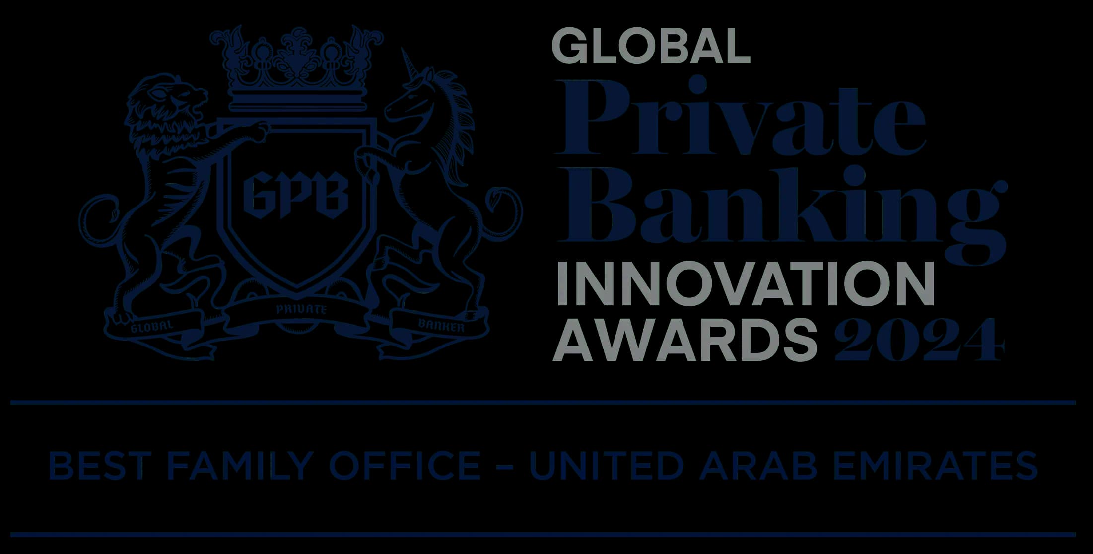 Global Private Banking Innovation Awards 2024 logo with heraldic shield and lions, Best Family Office - United Arab Emirates text.