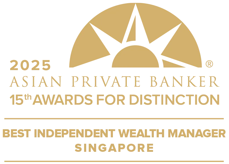 2025 Asian Private Banker 15th Awards for Distinction Best Independent Wealth Manager Singapore gold emblem.