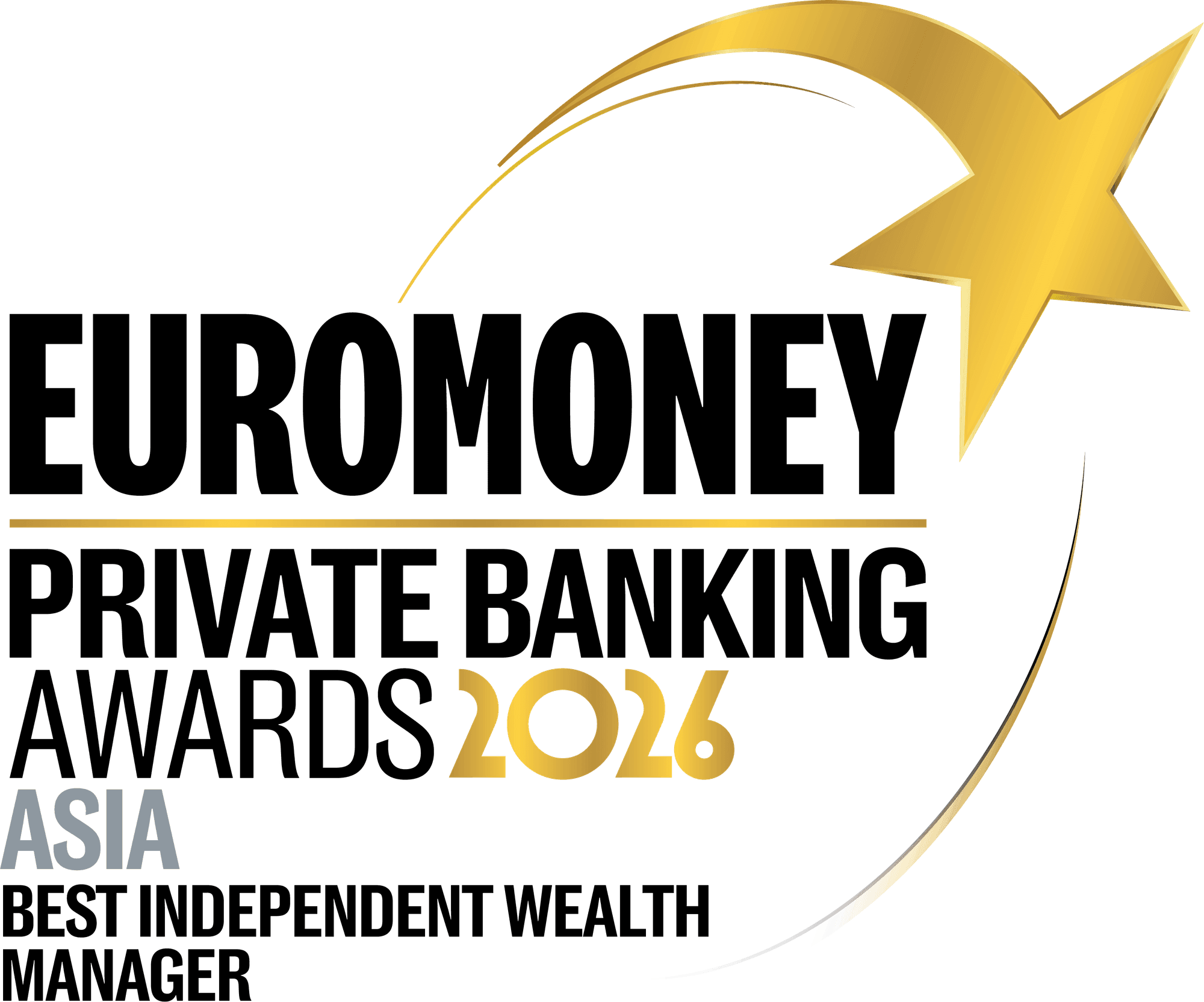 Private Banker International 2026 Asia Best Independent Wealth Manager award emblem with a gold star and curved accent.